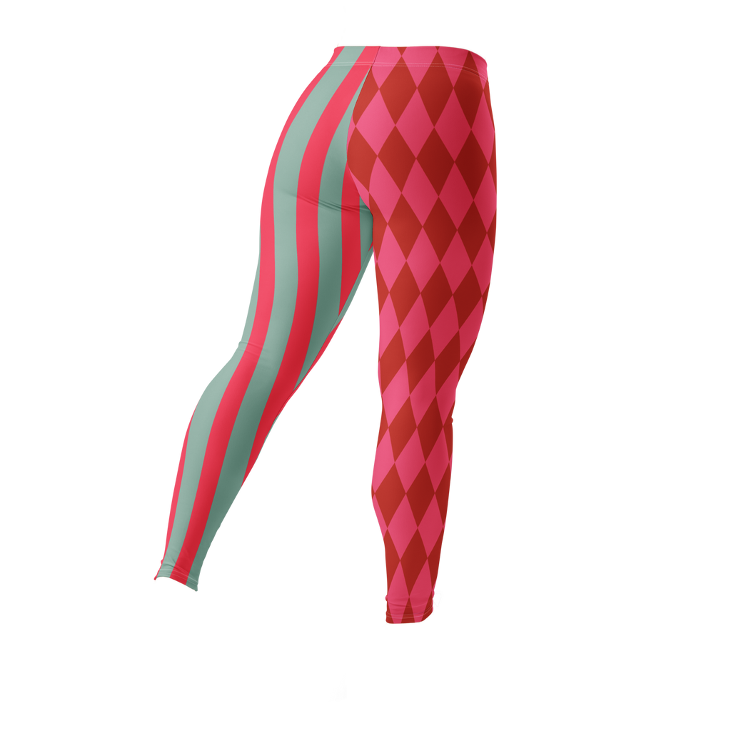 Pink and red harlequin jester leggings by YéYé with mismatched stripe and diamond pattern