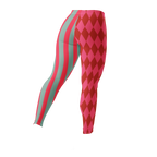 Pink and red harlequin jester leggings by YéYé with mismatched stripe and diamond pattern