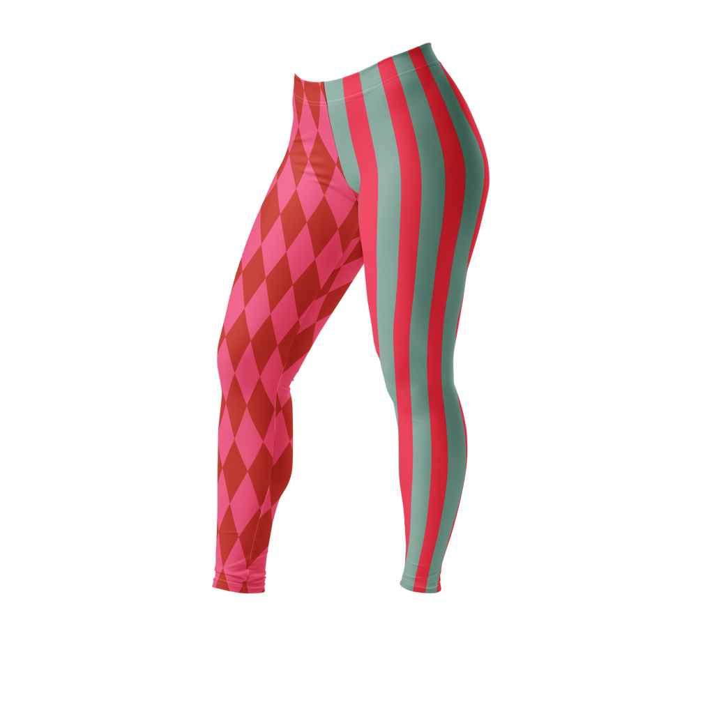 Pink and red harlequin jester leggings by YéYé with mismatched stripe and diamond pattern