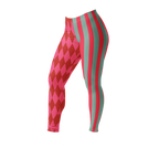 Pink and red harlequin jester leggings by YéYé with mismatched stripe and diamond pattern