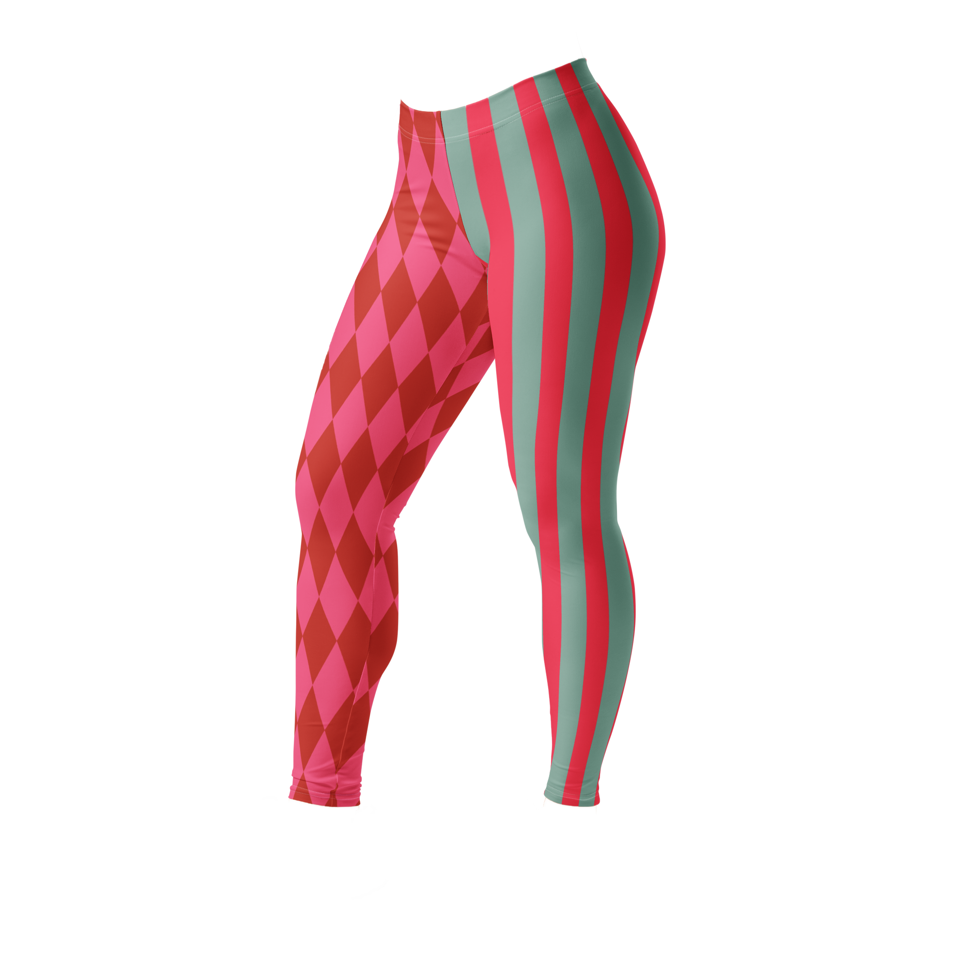 Pink and red harlequin jester leggings by YéYé with mismatched stripe and diamond pattern