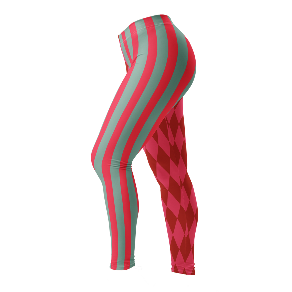 Pink and red harlequin jester leggings by YéYé with mismatched stripe and diamond pattern