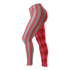 Pink and red harlequin jester leggings by YéYé with mismatched stripe and diamond pattern