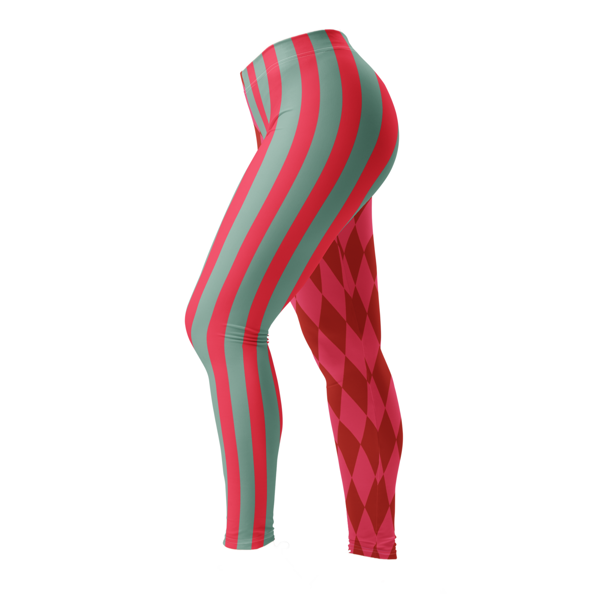 Pink and red harlequin jester leggings by YéYé with mismatched stripe and diamond pattern