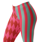 Pink and red harlequin jester leggings by YéYé with mismatched stripe and diamond pattern