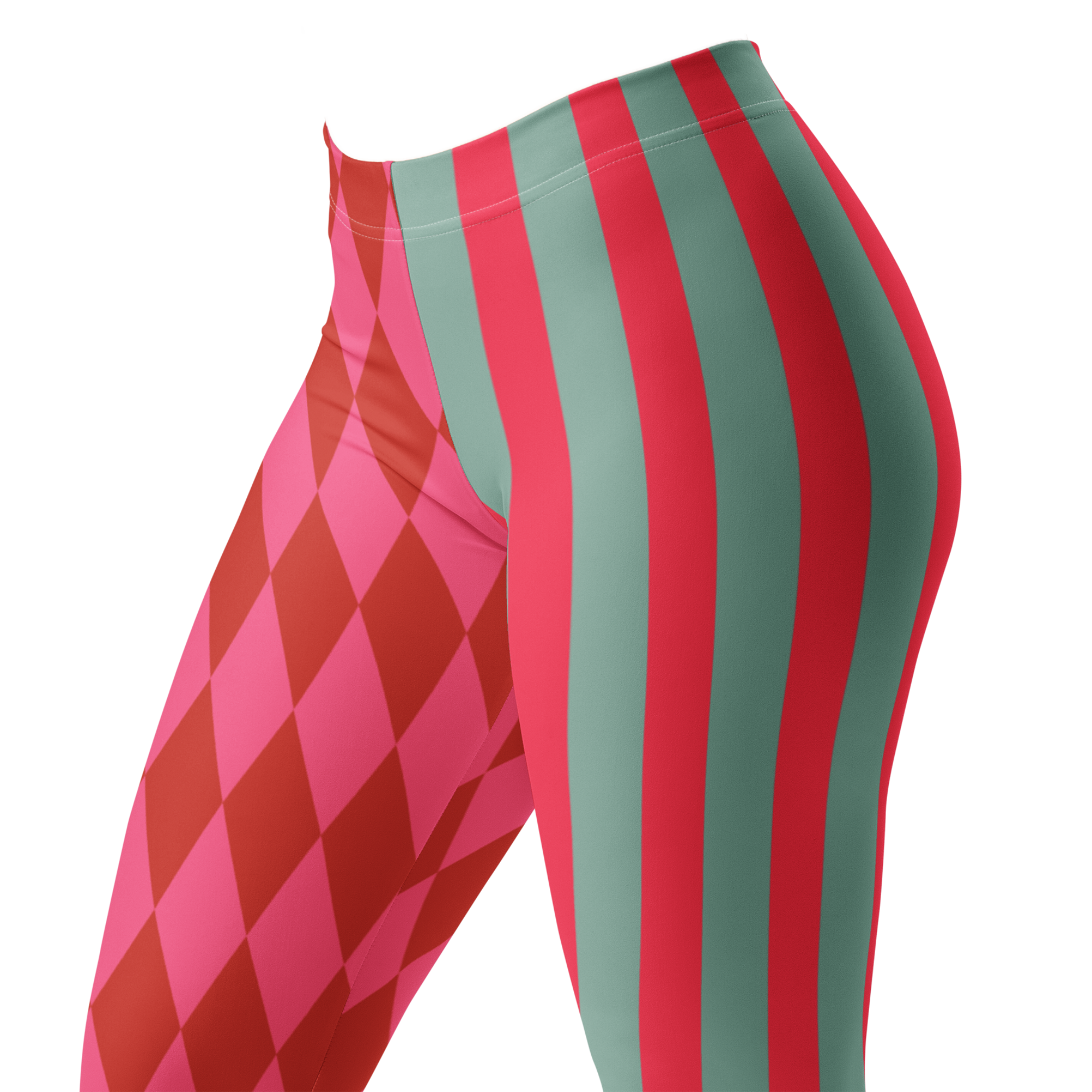 Pink and red harlequin jester leggings by YéYé with mismatched stripe and diamond pattern