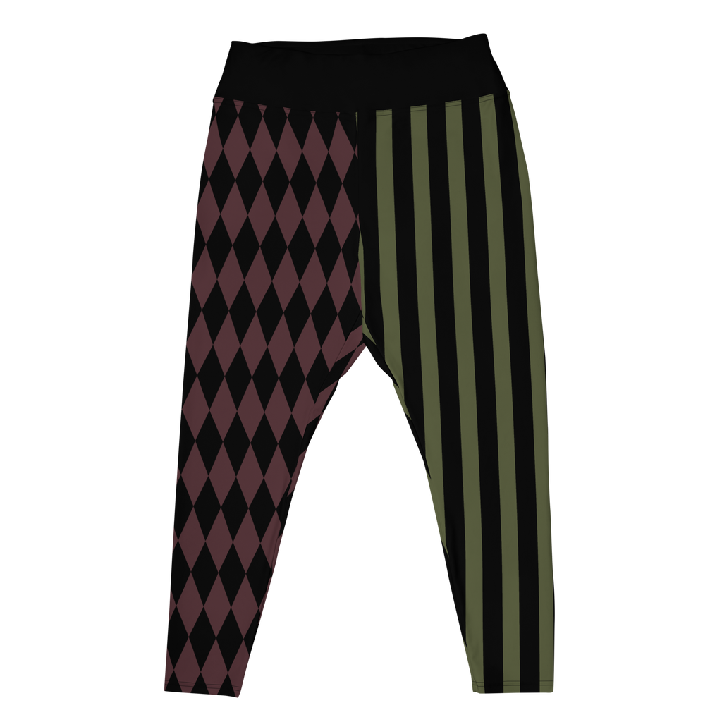 studio-yeye-harlequin-jester-leggings-plus-size-olive-maroon-burgundy-flat-front