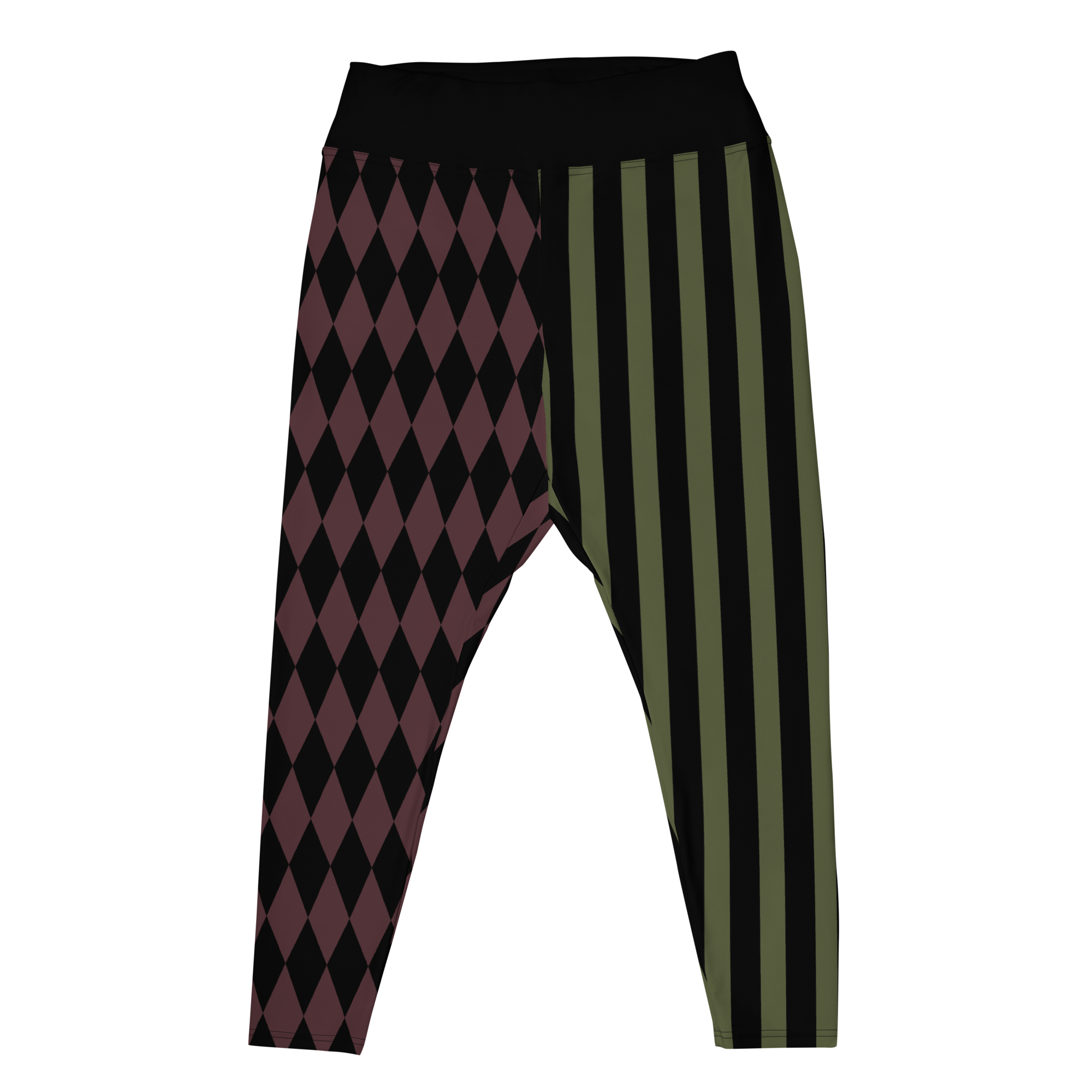 studio-yeye-harlequin-jester-leggings-plus-size-olive-maroon-burgundy-flat-front