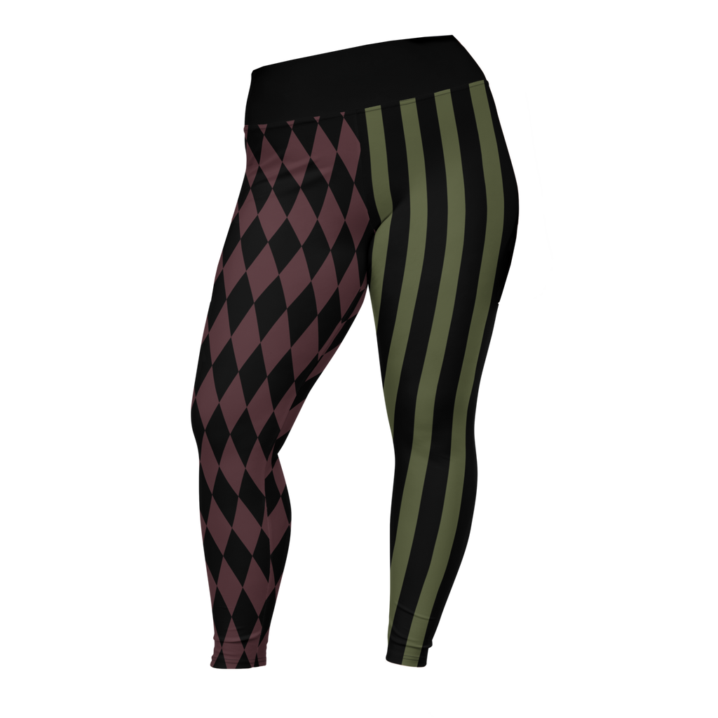 studio-yeye-harlequin-jester-leggings-plus-size-olive-maroon-burgundy-front