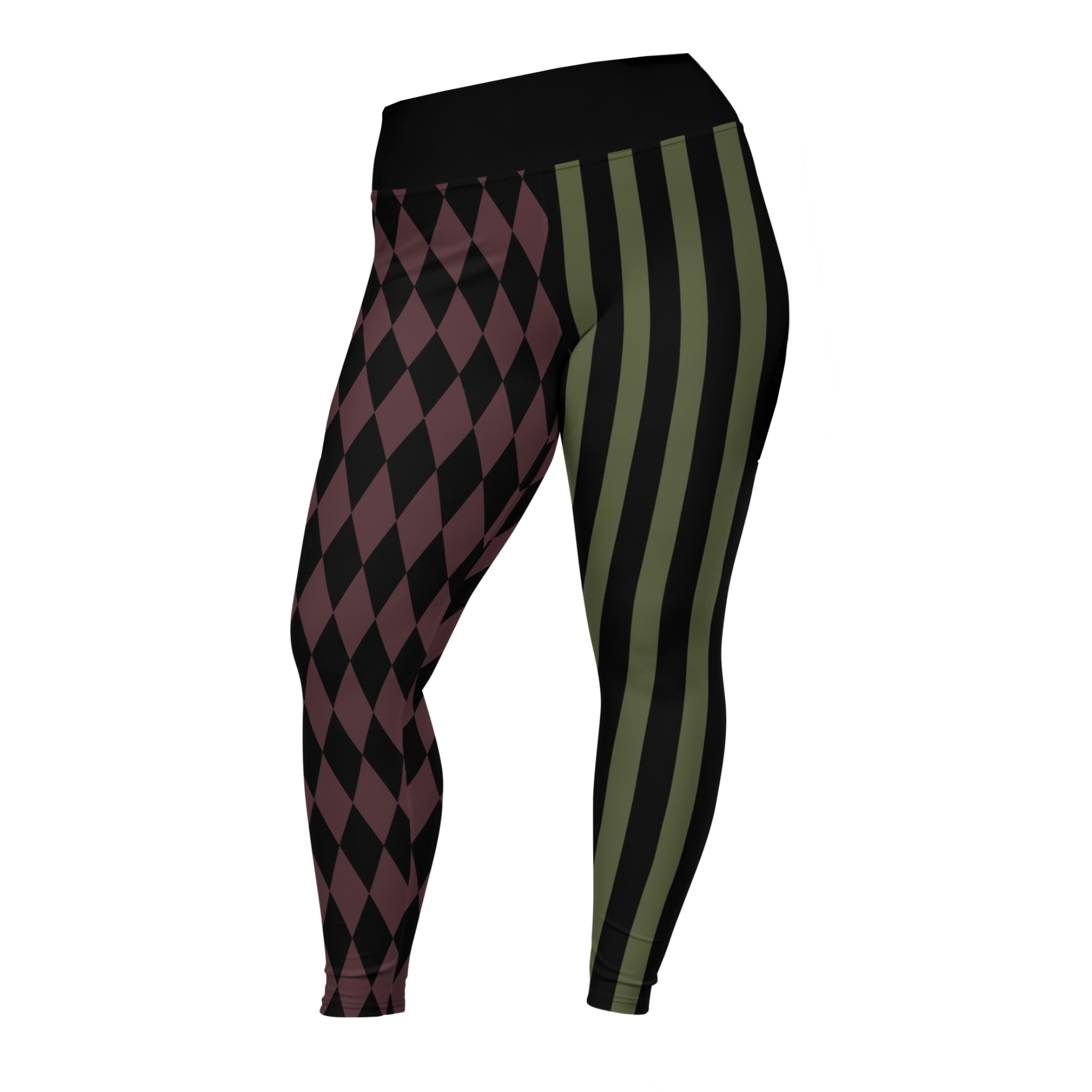 studio-yeye-harlequin-jester-leggings-plus-size-olive-maroon-burgundy-front