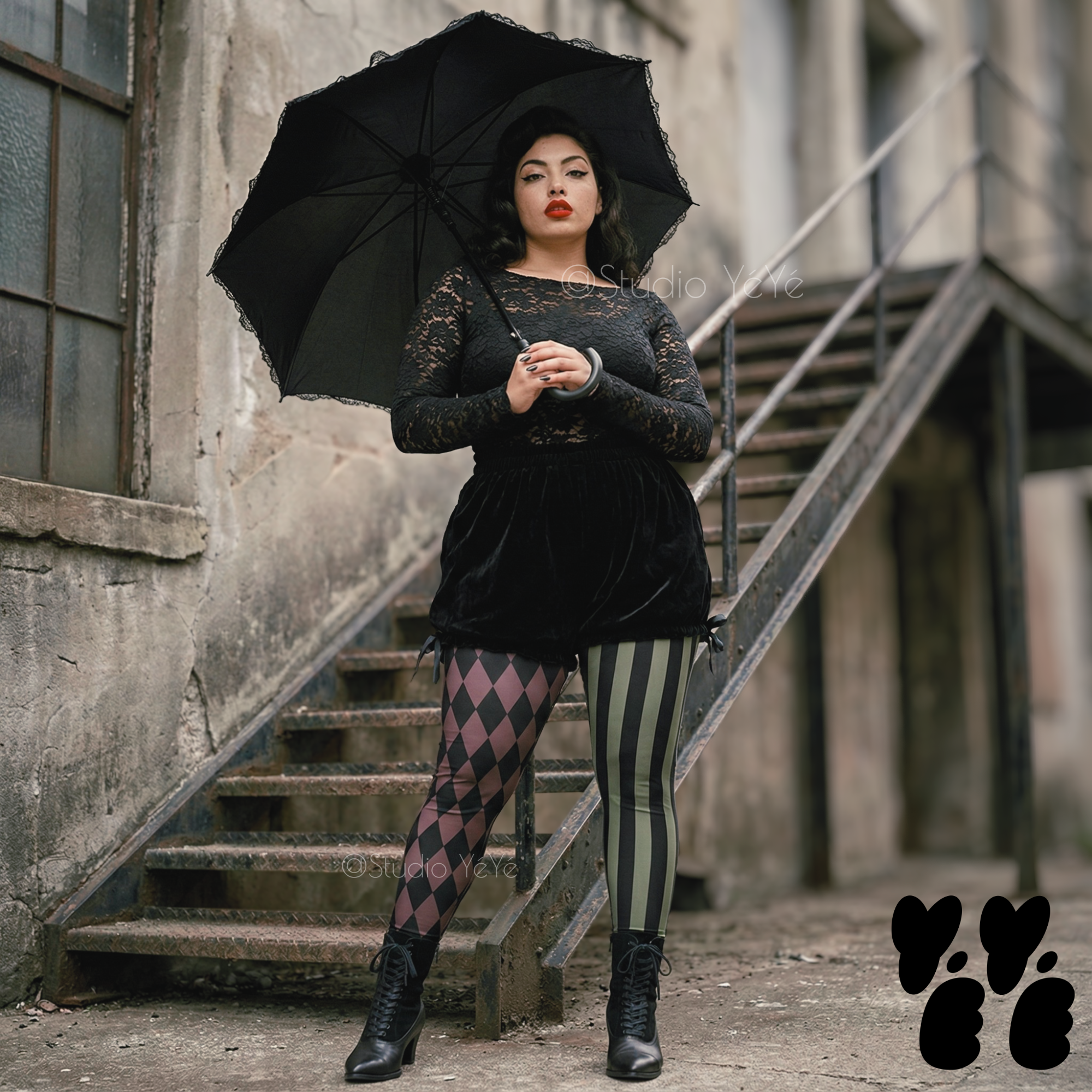 A plus size model wears black broomer, vintage lace top with jester leggings in olive and maroon, with victorian boots, goth punk vibe.