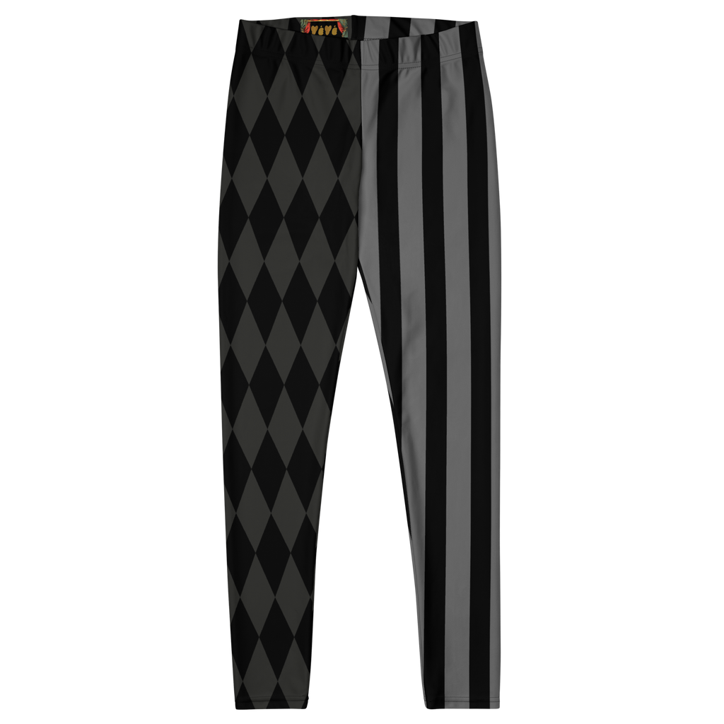 Mismatched harlequin diamond and stripe leggings in silent film grayscale by YéYé
