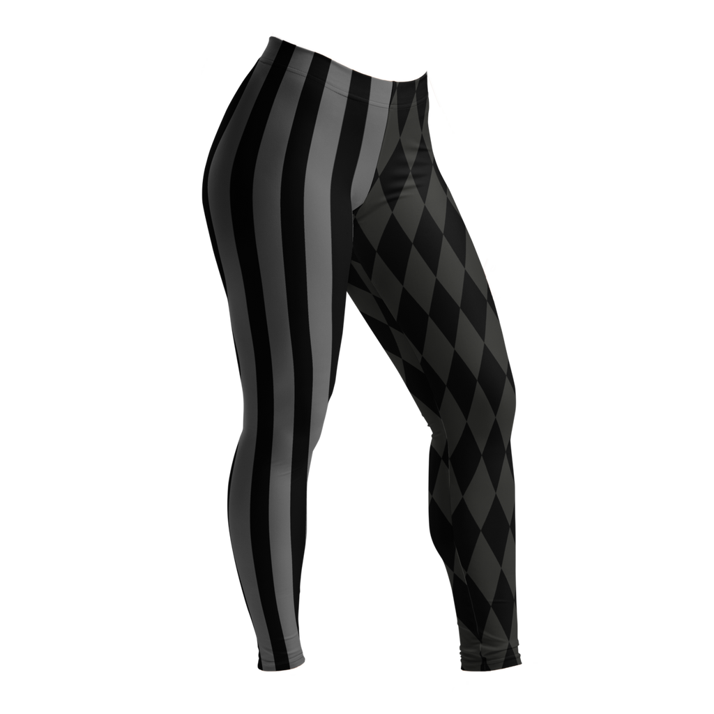Mismatched harlequin diamond and stripe leggings in silent film grayscale by YéYé