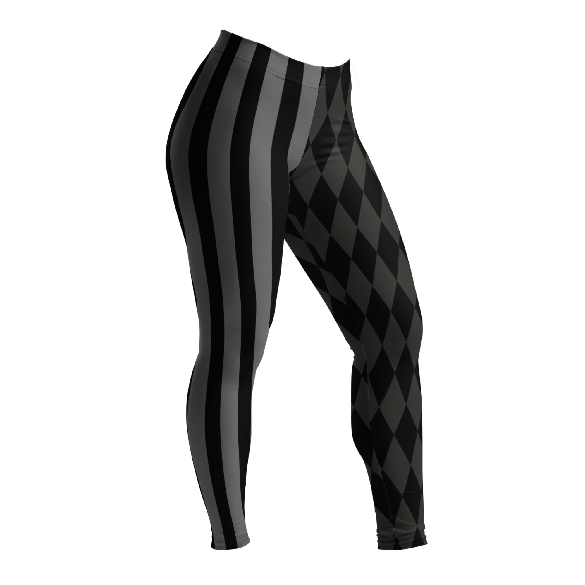 Mismatched harlequin diamond and stripe leggings in silent film grayscale by YéYé