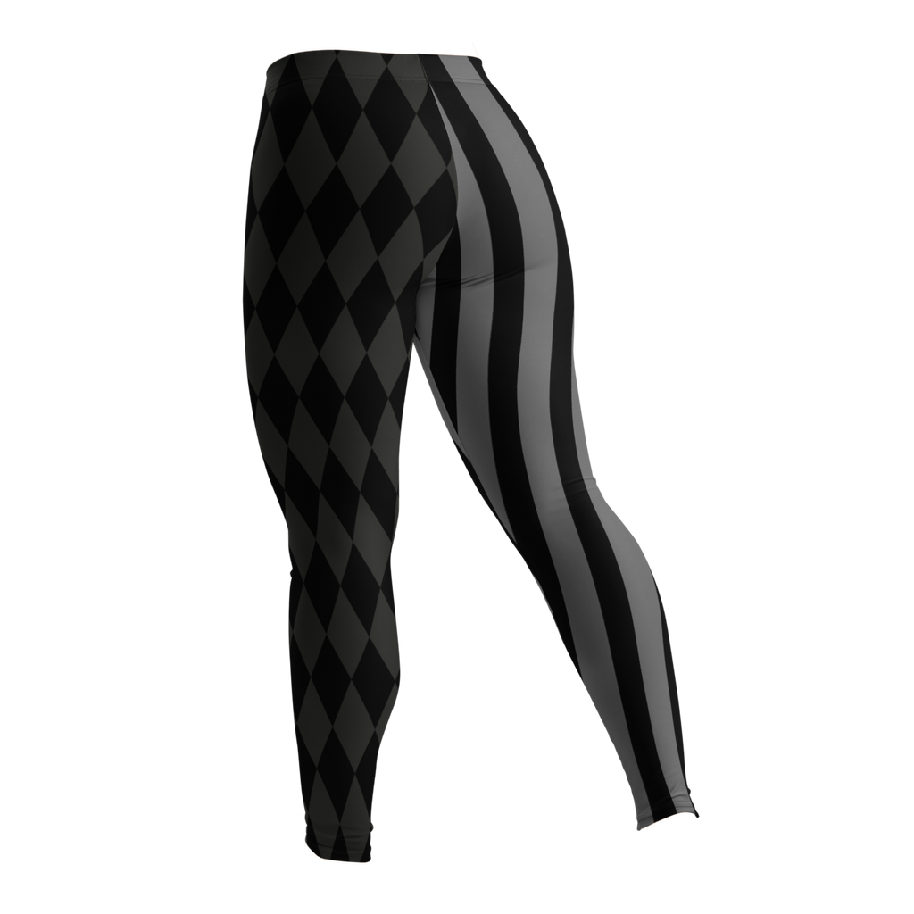 Mismatched harlequin diamond and stripe leggings in silent film grayscale by YéYé