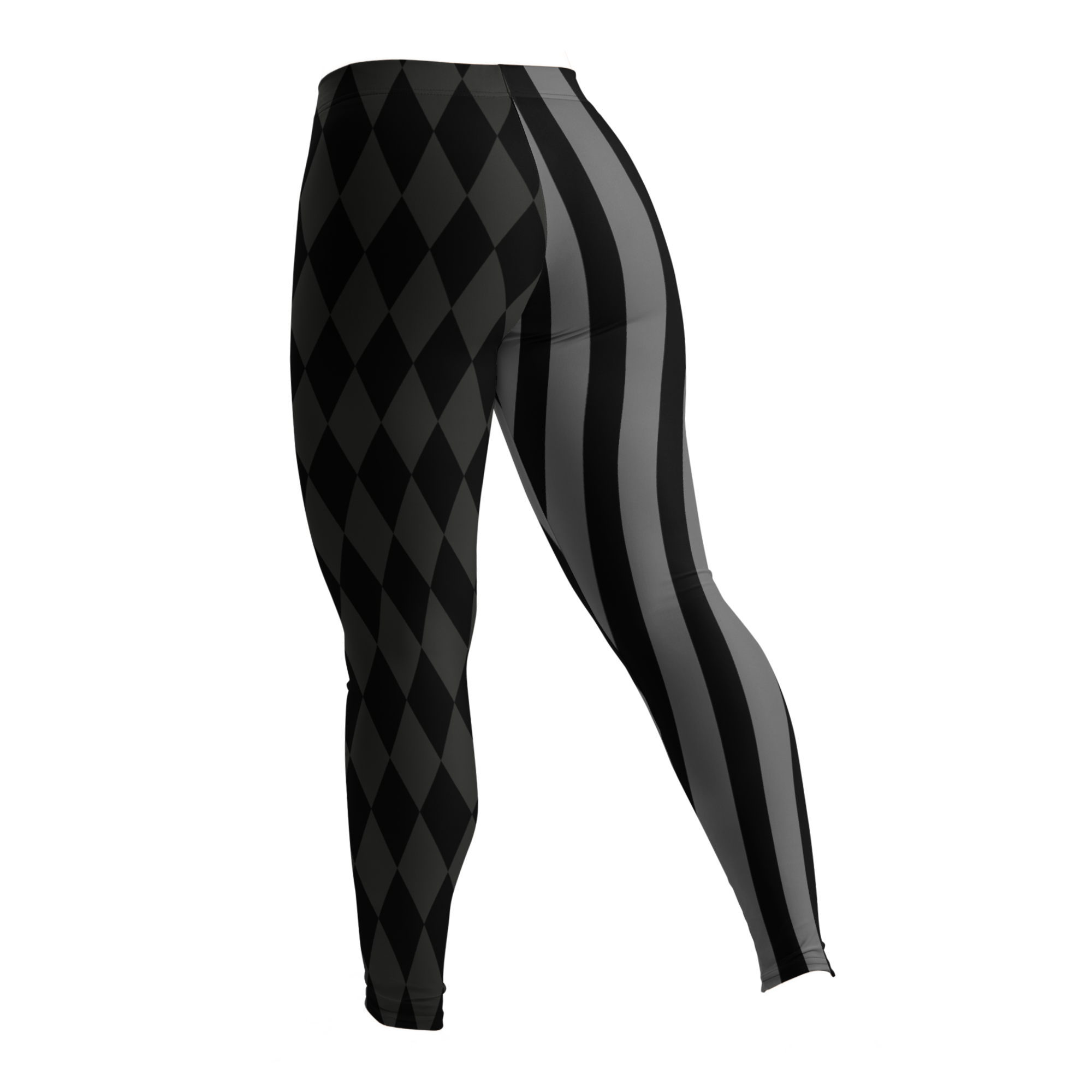Mismatched harlequin diamond and stripe leggings in silent film grayscale by YéYé
