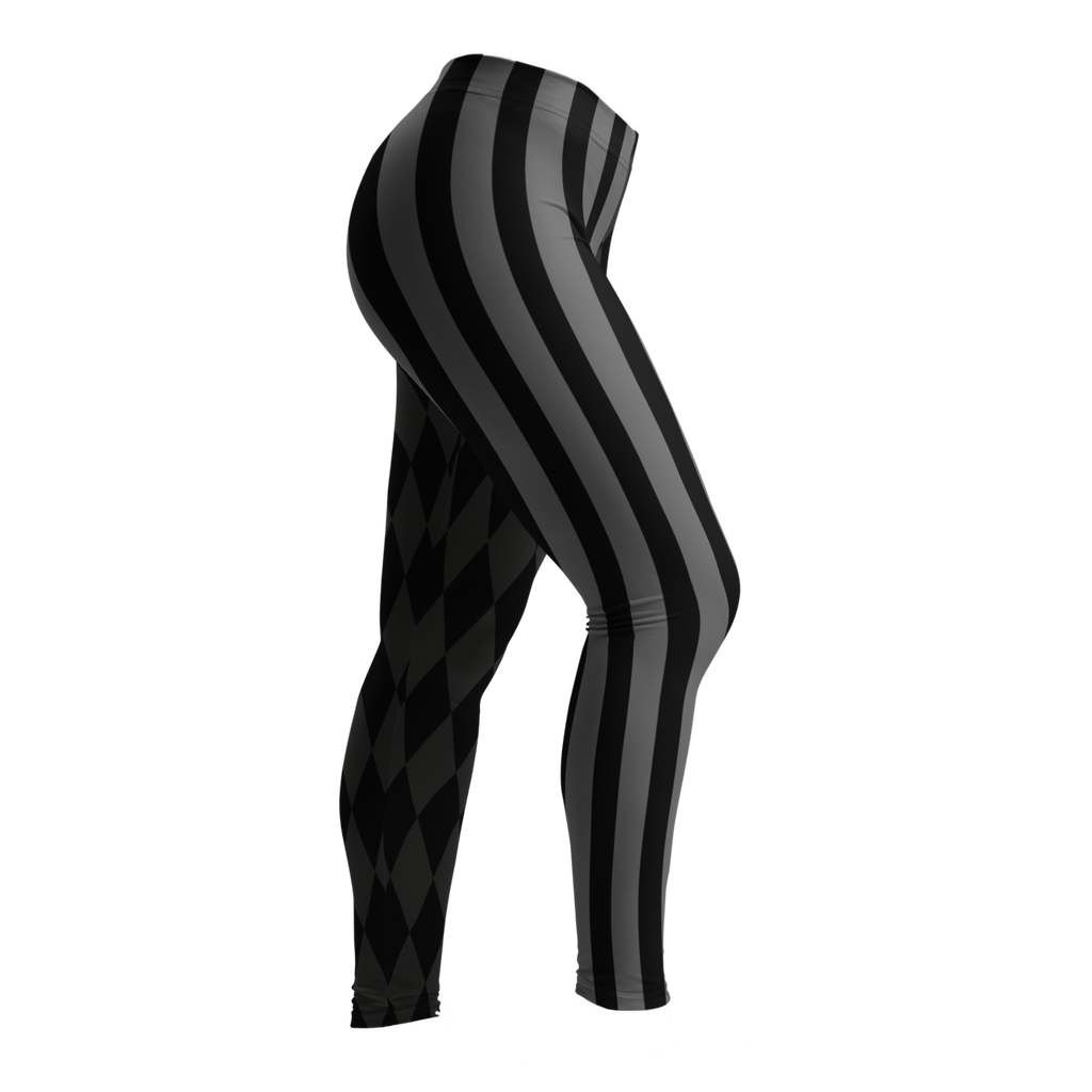 Mismatched harlequin diamond and stripe leggings in silent film grayscale by YéYé