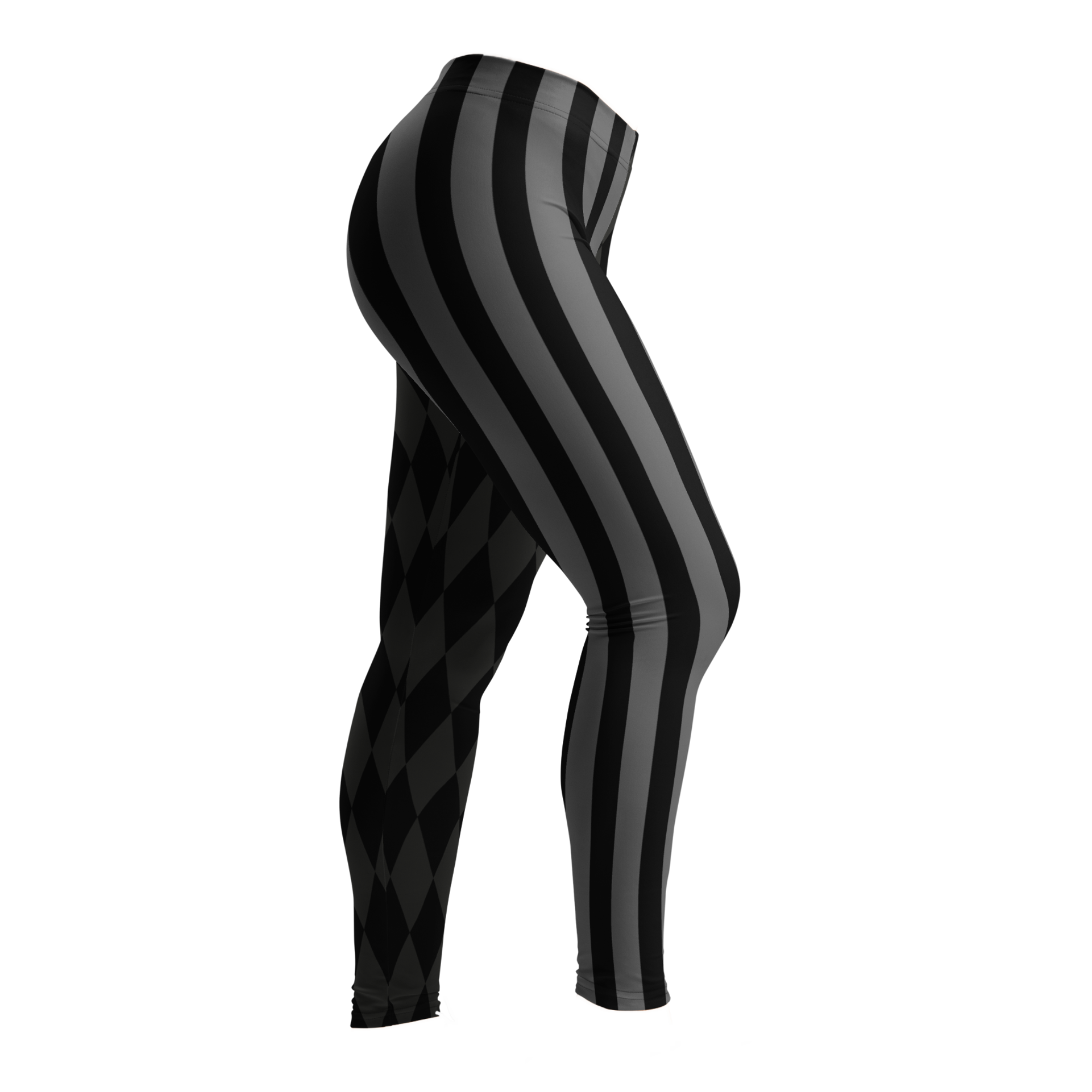 Mismatched harlequin diamond and stripe leggings in silent film grayscale by YéYé