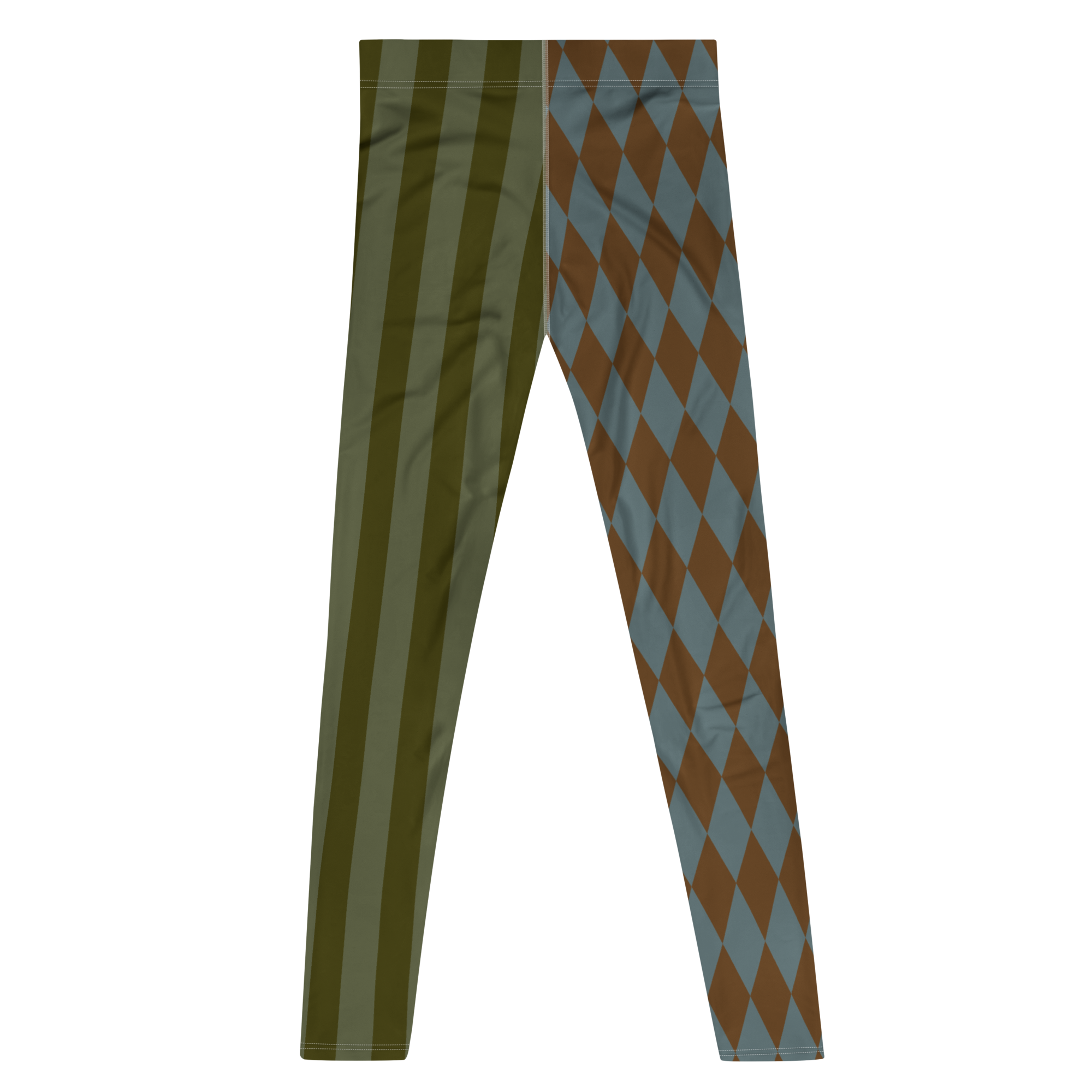 studio-yeye-harlequin-jester-mens-leggings-brown-green-flat-back