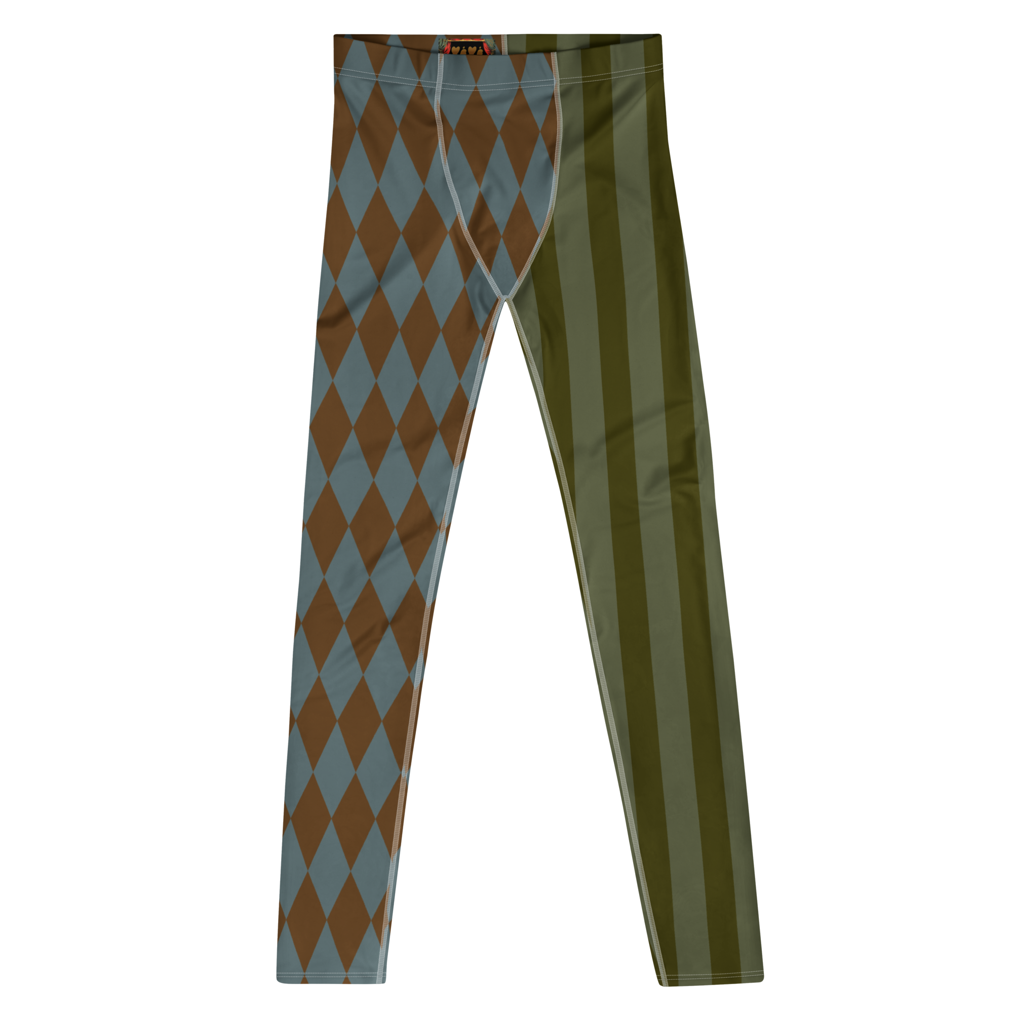studio-yeye-harlequin-jester-mens-leggings-brown-green-flat-front