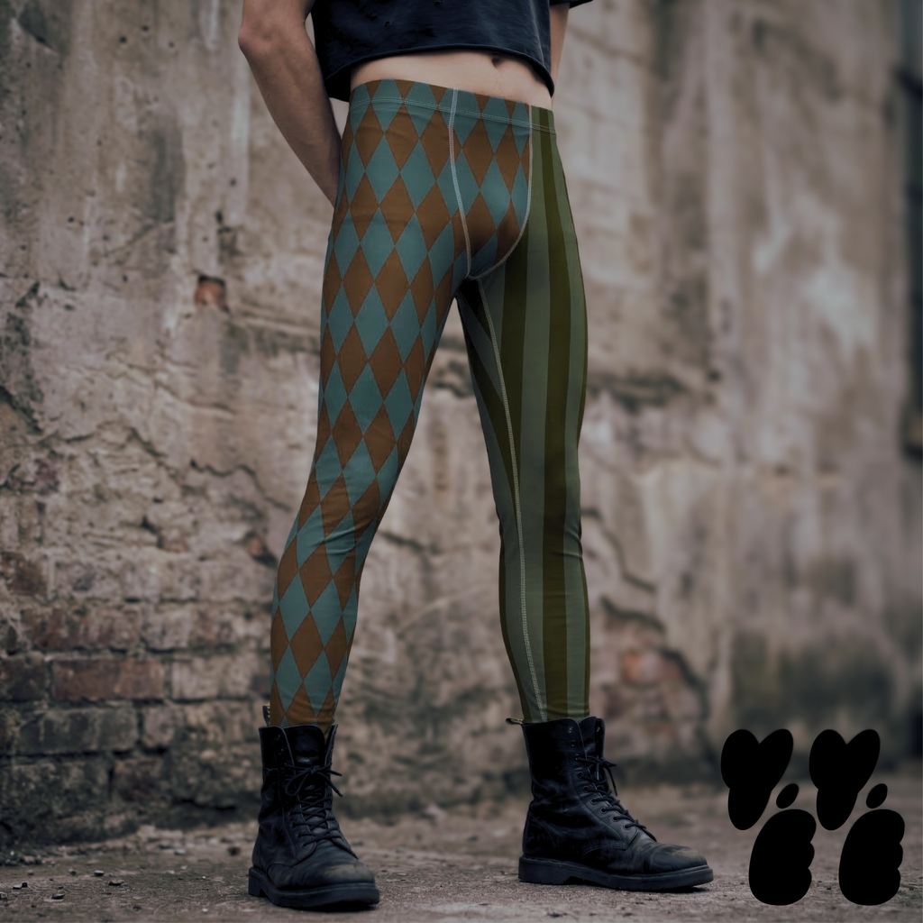 Brown and teal harlequin diamond and olive stripe mens leggings by YéYé, styled with a black crop tee and black combat boots against a stone wall