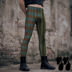 Brown and teal harlequin diamond and olive stripe mens leggings by YéYé, styled with a black crop tee and black combat boots against a stone wall