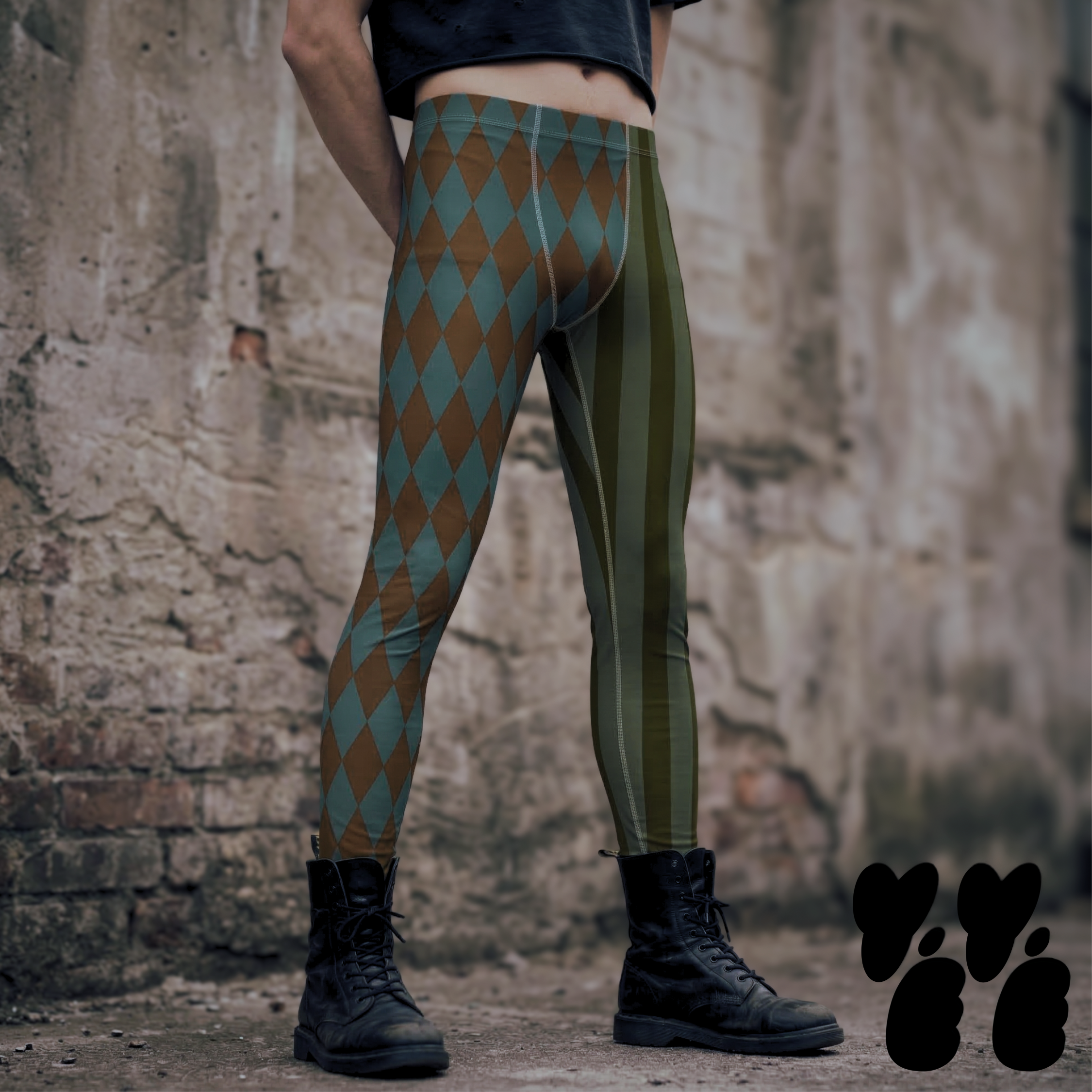 Brown and teal harlequin diamond and olive stripe mens leggings by YéYé, styled with a black crop tee and black combat boots against a stone wall