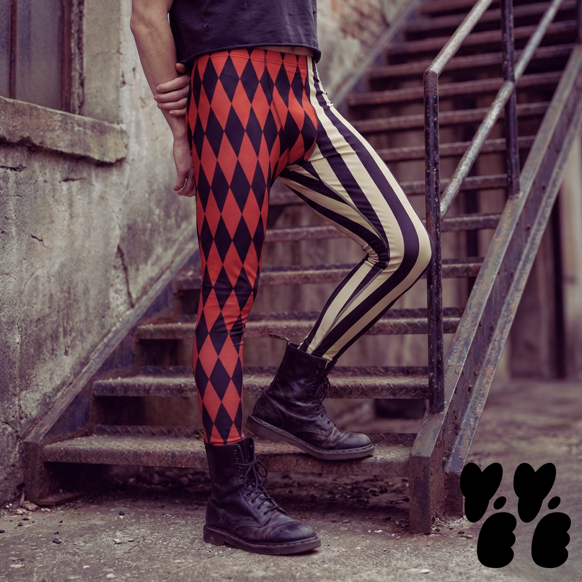 Red and black harlequin diamond and cream stripe mens leggings by YéYé, styled with a dark grey crop tee and black lace-up boots on metal stairs