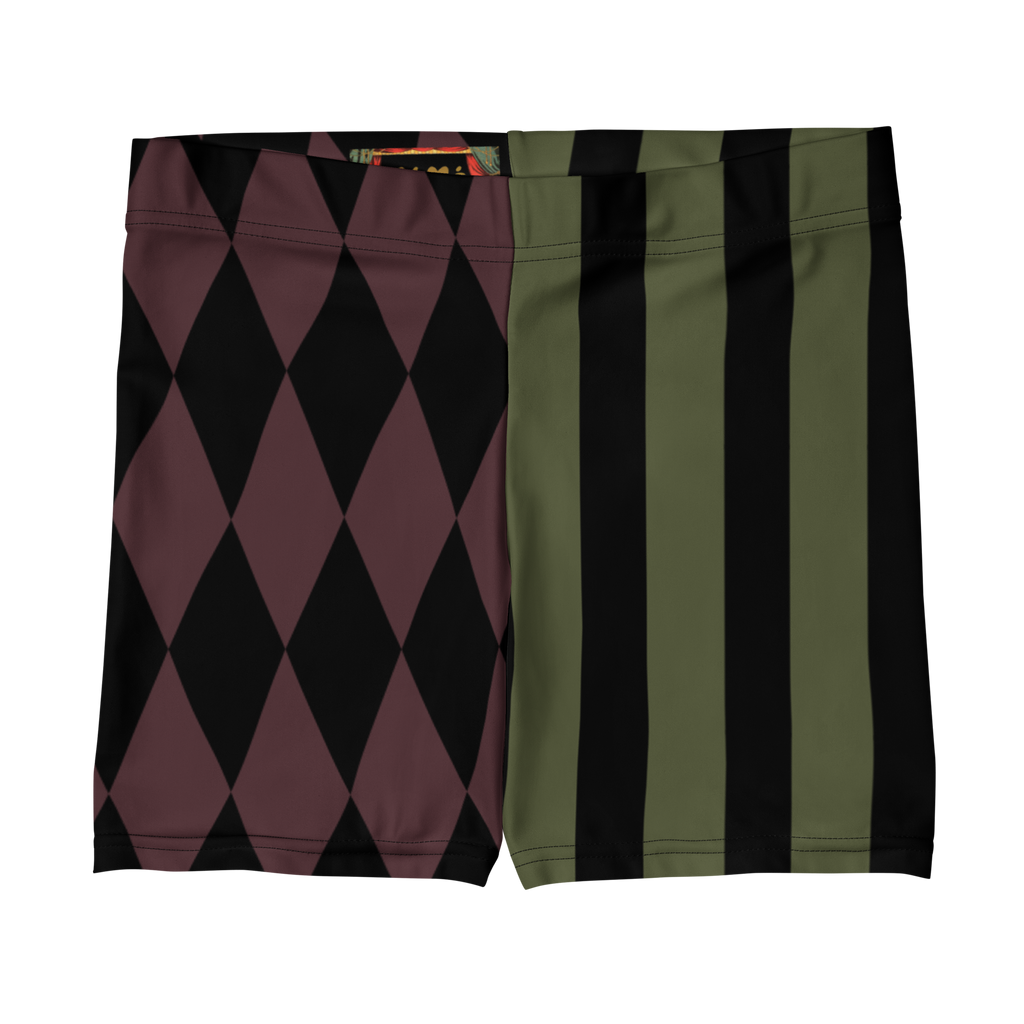 studio-yeye-harlequin-jester-olive-burgundy-bike-shorts-front