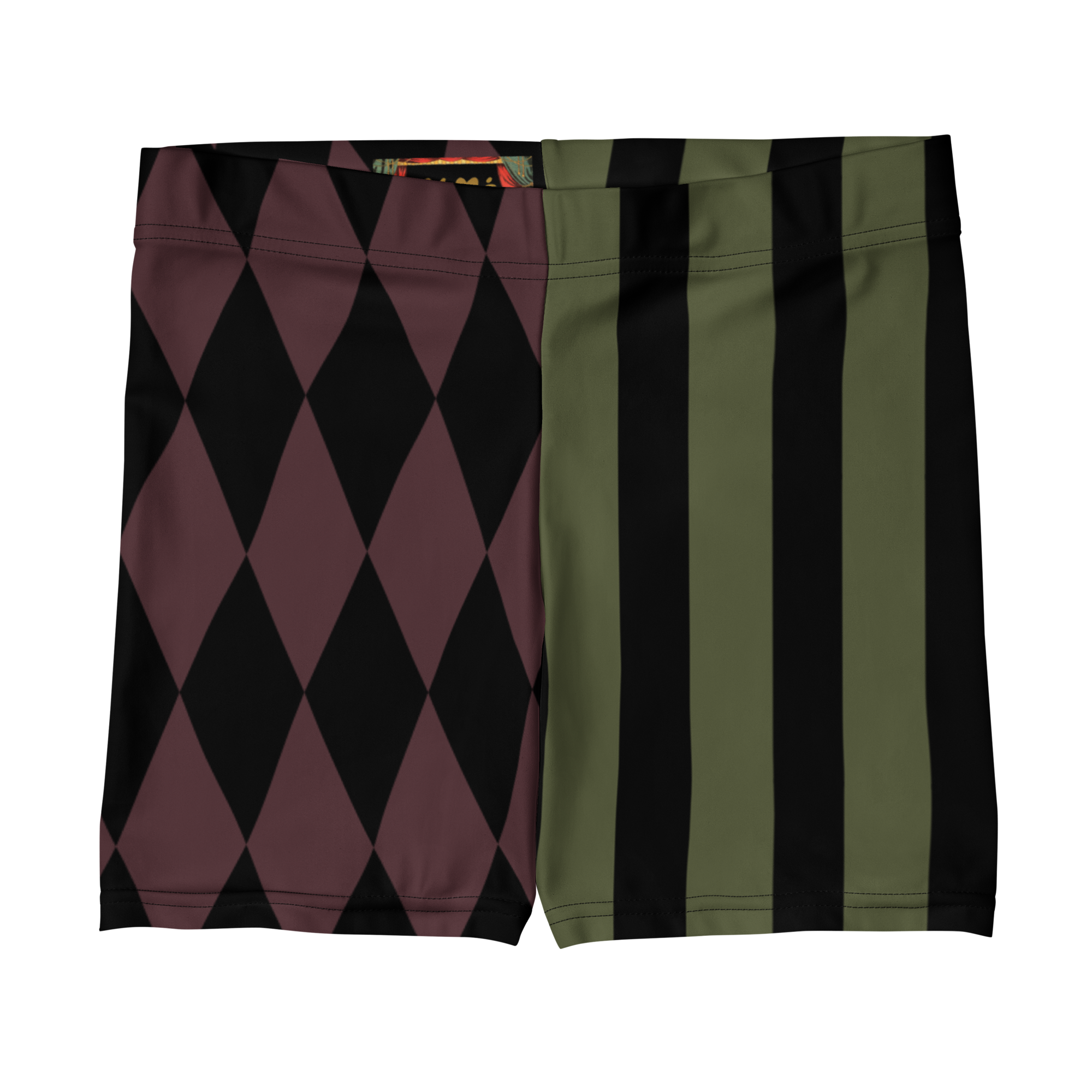 studio-yeye-harlequin-jester-olive-burgundy-bike-shorts-front