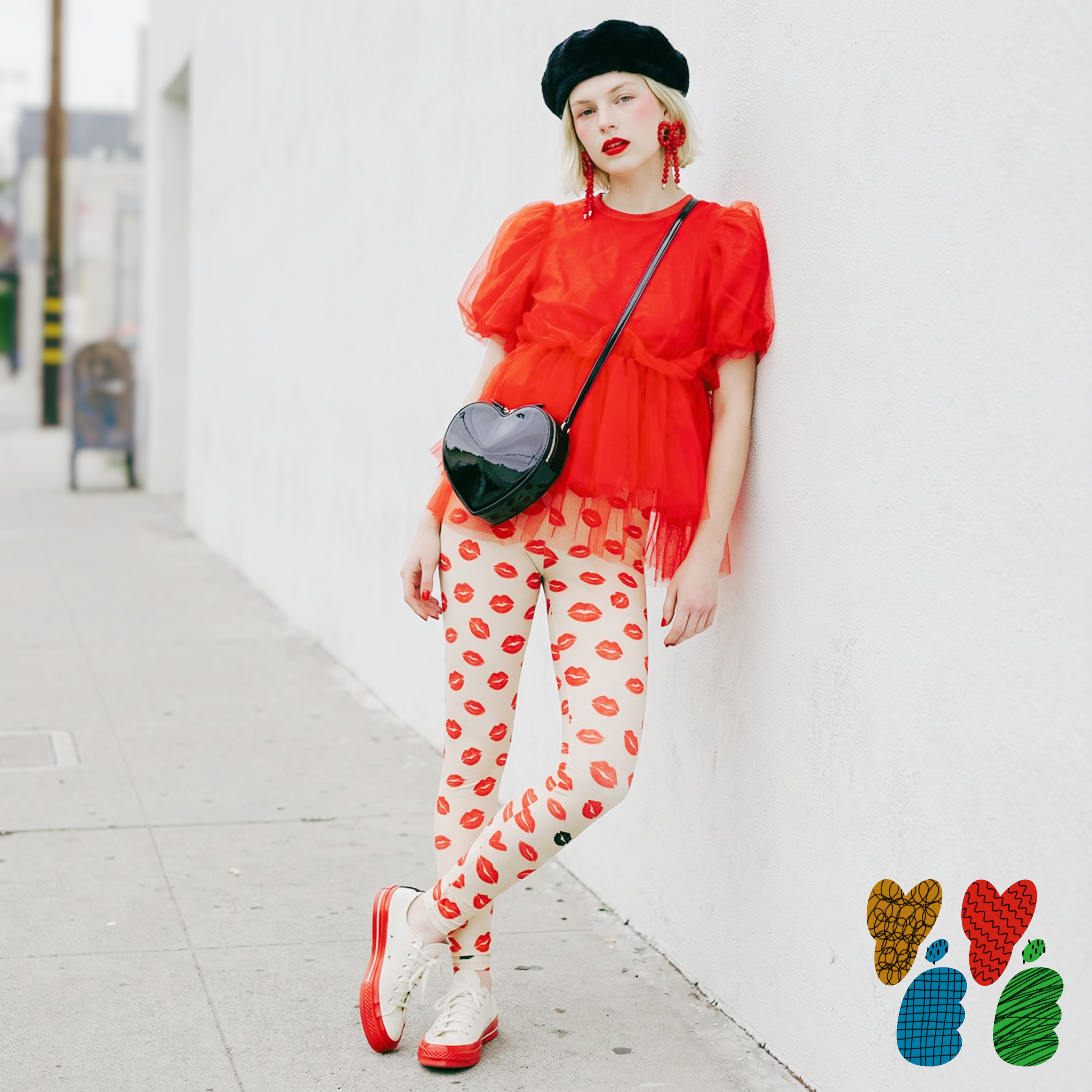 Studio YéYé cute and maximalist leggings with red kiss mark print.