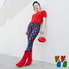 Navy blue leggings with repetitive red kiss mark pattern - Studio YéYé maximalist activewear.