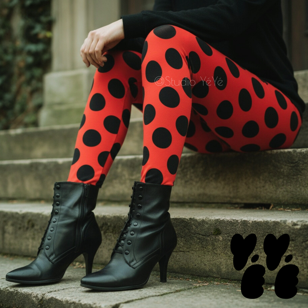 Red and black oversized polka dot leggings by YéYé, styled with a black dress and black lace-up Victorian heeled boots on stone steps
