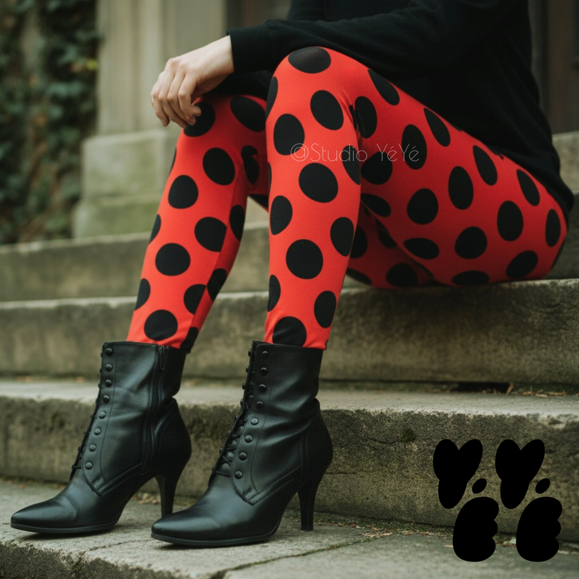 Red and black oversized polka dot leggings by YéYé, styled with a black dress and black lace-up Victorian heeled boots on stone steps