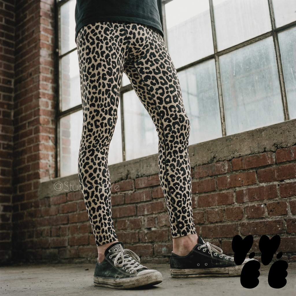 A genderless man wears leopard printed mens leggings in bone white with converse shoes