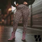 A plus sized female model wears 2XL leopard leggings in mauve pink