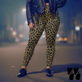 A plus sized female model wears 2XL leopard leggings in mustard