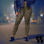 A plus sized female model wears 2XL leopard leggings in mustard