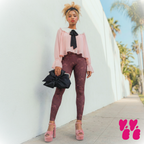 Burgundy ribbon and star print leggings by YéYé, styled with a pink chiffon blouse with peter pan collar, black bow headband, black satin bow clutch and pink velvet platform heels