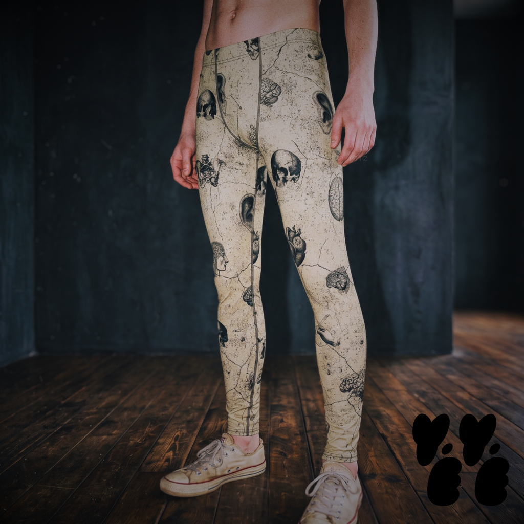 a male model wears vintage anatomy illustration mens leggings, goth and halloween vibe.