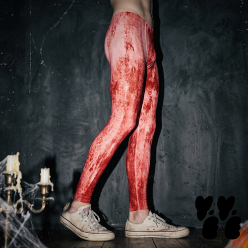 A male model wears bloody covered mens leggings for halloween, costume or stage. 