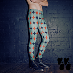 A make model wearing mid-century las vegas style diamond pattern printed mens leggings.