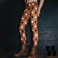 A male model wears mid-century style diamond print mens leggings