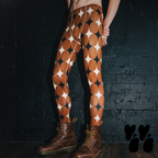 A male model wears mid-century style diamond print mens leggings