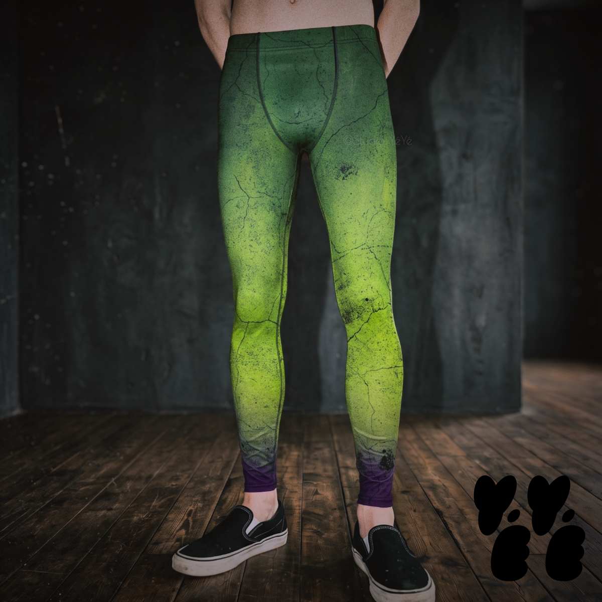 a male model wears halloween toxic green leggings for hulk, frankenstein and zombies costume