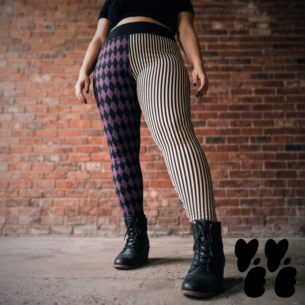Model wearing olive green and black harlequin diamond and fine pinstripe leggings with a black top and black boots.