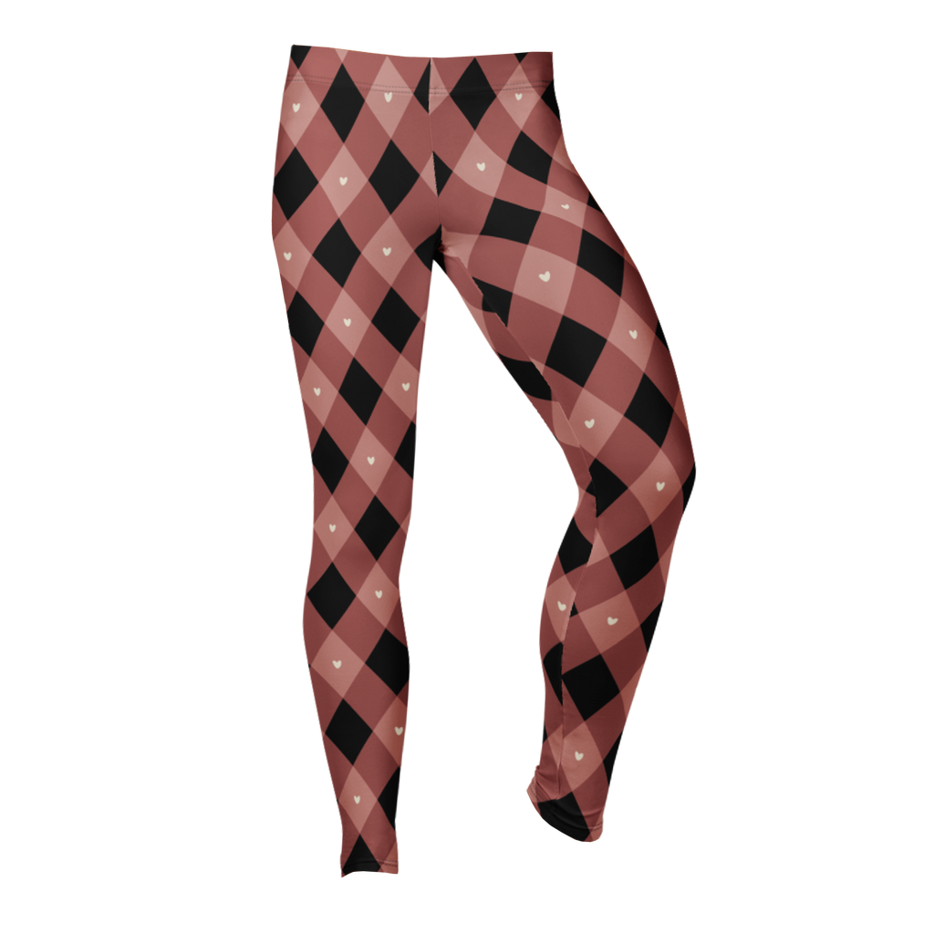 Dusty rose and black diamond check leggings with heart accents by YéYé