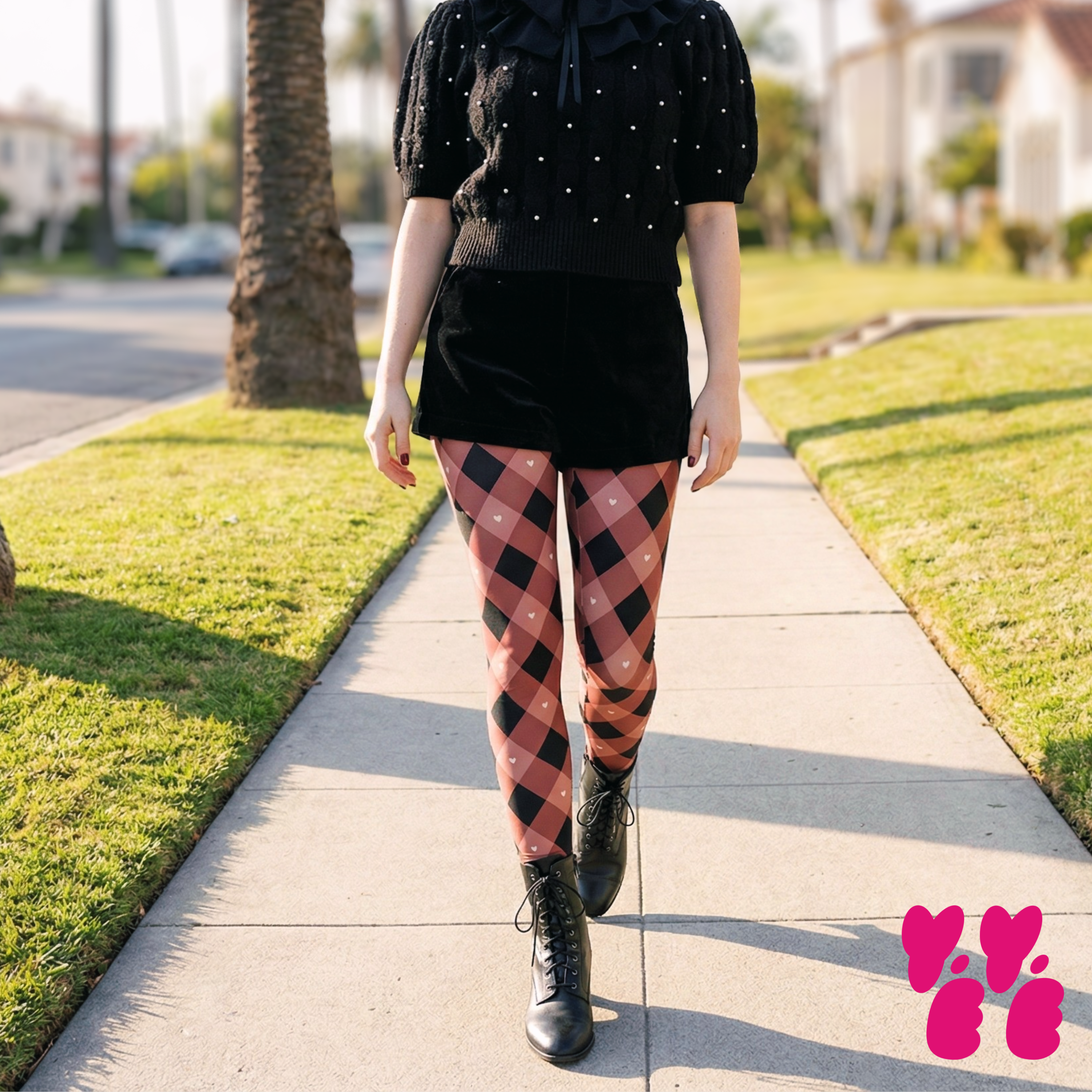 Dusty rose and black diamond check leggings with heart accents by YéYé, styled with a black pearl-embellished cable knit sweater, black velvet shorts and black lace-up ankle boots