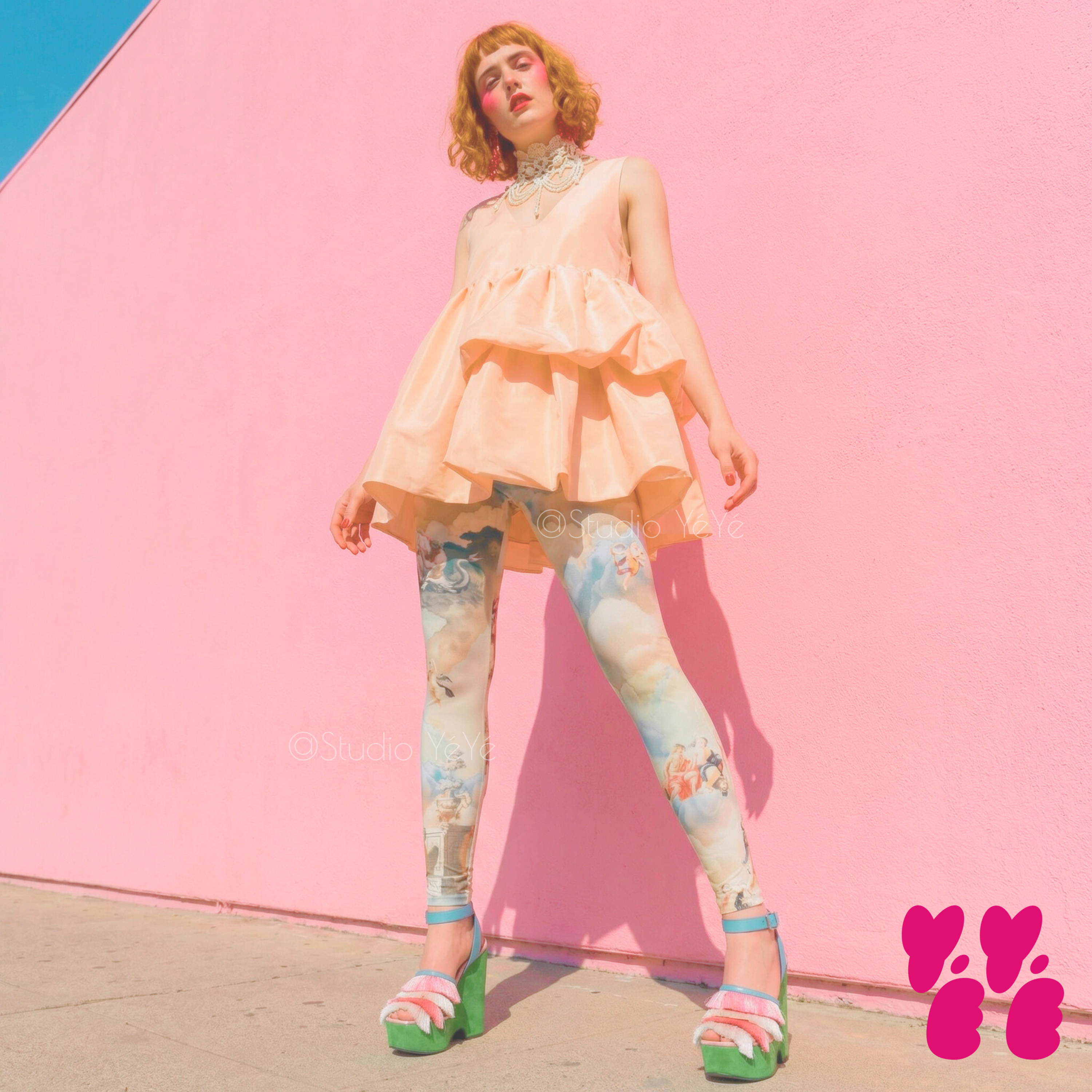 Renaissance angel cloud print leggings by YéYé in soft blue and cream, styled with a peach ruffle peplum top, pearl collar necklace and green platform sandals against a pink wall