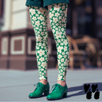 Kelly green and cream 60s retro floral print leggings by YéYé, styled with a green corduroy shorts, and vintage green shoes.
